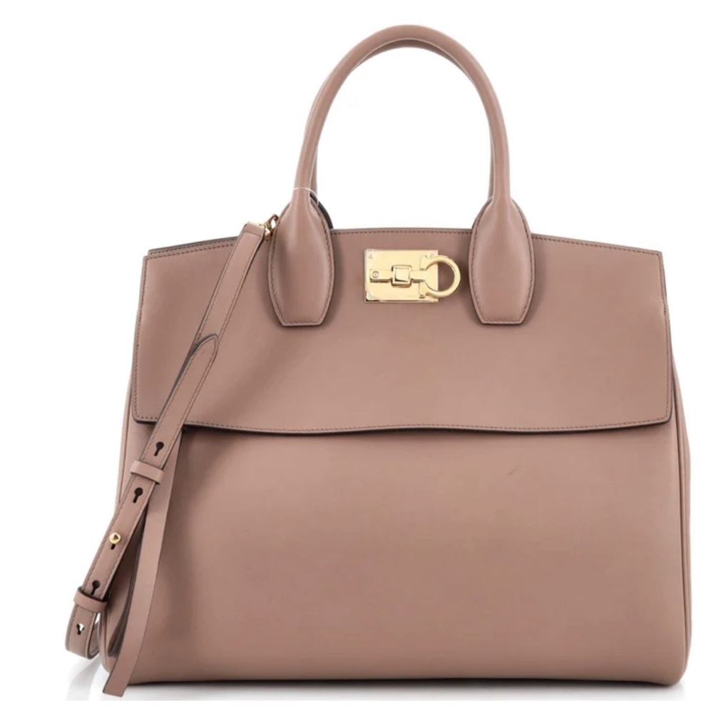 Salvatore Ferragamo Gancini Studio Bag Medium Taupe Calfskin Leather $2400